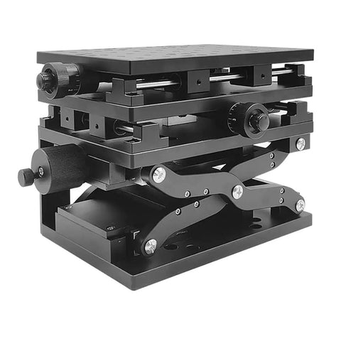 Premium XYZ Manual Translation Stage Rock Solid Platform For Laser Marking And Precision Alignment featuring anodized black metal with smooth sliding axes.