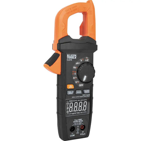 Digital Clamp Meter With True RMS And LoZ Auto Ranging for AC and DC, orange and black rugged pro-grade tool with display and buttons