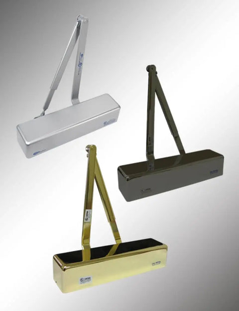 900 Series Aluminum Surface Mount Door Closer Non-Handed For Standard Top Jamb Or Parallel Install With Adjustable Back Check Grade 1 ANSI 156.4 UL Fire Door Listed 11.75 Inch Length Full Cover shown in three finishes