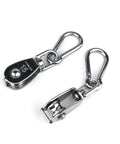 Two Pack Built Tough 304 Stainless Steel Single Pulley Block M15 For Wire Rope Cranes, 360 Degree Rotation, 80 Lb Load Capacity, Hanging Wire Towing Wheel With Spring Snap Hooks, 2-pack stainless steel pulleys with snap hooks
