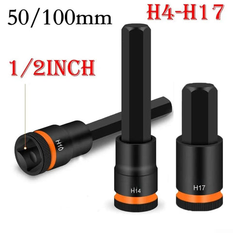 Top Notch Heavy Duty Hex Socket Adapter Kit Made From Tough Chrome Vanadium Steel For 1/2 Inch Drivers With H4 To H17 Bits In Short 55mm Lengths, Perfect For Factory Work And Auto Repairs That Need Real Grit And Precision., H4-H17 hex socket adapters for 1/2 inch drive, 55mm chrome vanadium steel