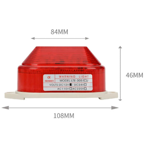 Red LED Strobe Warning Light For Emergency Safety Use, Compact Flashing Alarm Lamp, 12V, Weatherproof, with dimensions.