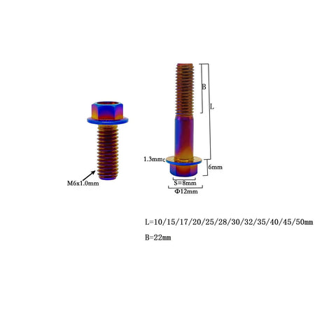 RISON burnt-blue titanium flanged hex bolts M6x1.0x13mm, 6AL4V aerospace Ti; pack of 12, front and side views