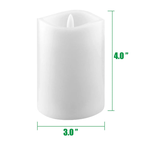 Single 3x4 inch white wax LED pillar candle, part of Six Count Real White Wax Flameless LED Pillar Candles 3 By 4 Inches With Remote And Timer Dimmable Flicker Battery Powered Safe For Homes And Events For Cozy Home Decor And Vibe.