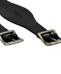 Leather Stirrup Hobble Straps With Adjustable Buckles for Western Saddles in black, showing stainless steel buckle closure close-up.