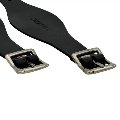 Leather Stirrup Hobble Straps With Adjustable Buckles for Western Saddles in black, showing stainless steel buckle closure close-up.