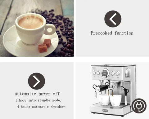 No Sweat Full Auto Bean To Cup Coffee Maker With 19 Bar High Pressure Brewing And Solid Stainless Steel Build For Top Shelf Espresso and Steamed Milk, shown with coffee cup and beans.