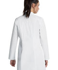Back view of Womens Lab Coat Modern Classic Fit 33 Inch Regular And 35 Inch Tall Doctor Coat With 3 Pockets White Notched Lapels