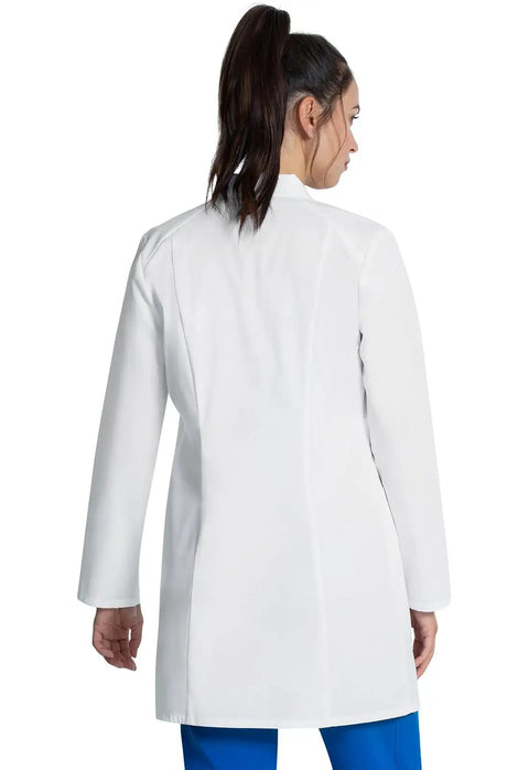 Back view of Womens Lab Coat Modern Classic Fit 33 Inch Regular And 35 Inch Tall Doctor Coat With 3 Pockets White Notched Lapels