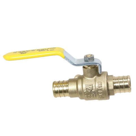 Barb Crimp Pex 3/4 Inch Ball Valve With Drain, brass valve with yellow handle, side view of plumbing component.