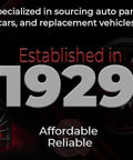 Image of two car tires with text 'Established in 1929', highlighting auto parts specialization.