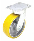 Rock Solid Heavy Duty Swivel Plate Caster With Eight Inch Polyurethane Wheels Rolling Smooth As Butter For A Legit 1760 Pound Load Rating On Heavy Cart Projects, showing yellow eight inch wheel and metal plate.