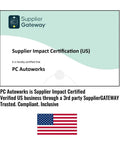 Supplier Impact Certification for PC Autoworks with US flag symbol, indicating verified US business by Supplier Gateway.