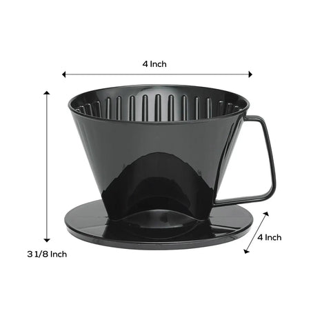Pour Over Coffee Filter Cone, Number 1 Size, Black, BPA Free Polypropylene, Reusable Portable Brew Buddy with dimensions shown.