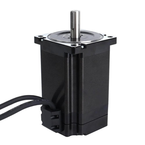 NEMA 34 closed-loop stepper motor with mounting flange, black body, silver shaft and attached cables.
