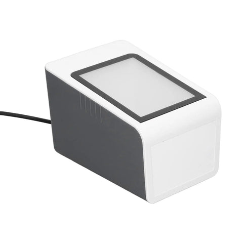 Hands Free Desktop Barcode Scanner USB Wired QR Code Reader For PC And POS with voice prompts, 0 to 350mm reading depth.