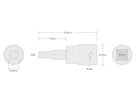3/8-Inch Drive Torx Impact Bit Socket T30 with Precision Geometry and Two-Piece Design, dimensions illustration diagram