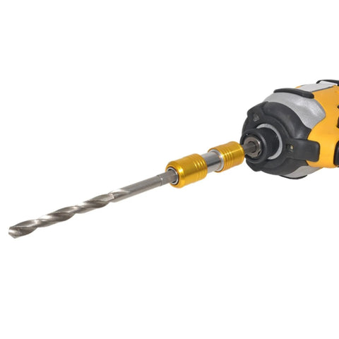 Side view of socket extension rod with hex adapters and gold sleeves attached to a cordless drill.
