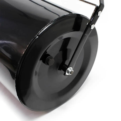 Close-up of a Tow Behind Lawn Roller with 14 by 24 inch poly drum, rust-resistant iron body, designed for tractors and riding equipment.