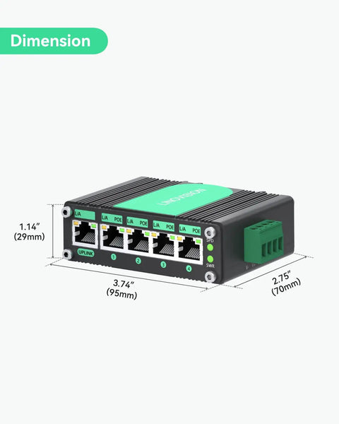 Rugged Five Port Gigabit PoE Switch For Solar RV Truck And VoIP Gear With 9 To 54V Input And 48V PoE Output dimensions view