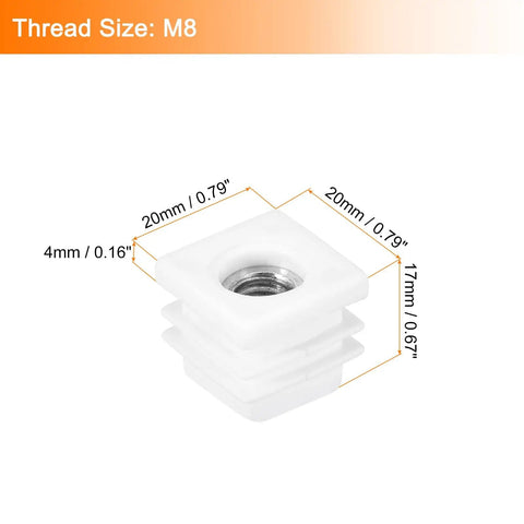 Sixteen Pack 20x20 mm Square Tube End Caps With M8 Threaded Inserts White Plastic Leg Plugs For Chairs Tables And Cabinets No-Slip DIY-Friendly Easy Install Durable