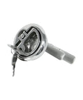 Tough As Nails Stainless Steel Flush Pull Handle With Turning Lock Design, close-up view with key included.