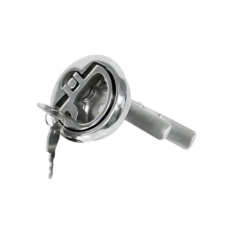 Tough As Nails Stainless Steel Flush Pull Handle With Turning Lock Design, close-up view with key included.