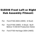 Text showing fitment details for Front Wheel Bearing Hub Assembly For 2004 2005 Ford F150 Four Wheel Drive 6 Lug ABS Cable.