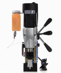 Front view of AC50 portable magnetic drill press with orange coolant bottle attached