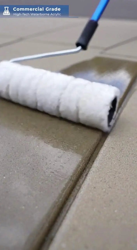 Application of Top Shelf Penetrating Concrete Sealer For Driveways And Patio Slabs using a paint roller on a patio surface.