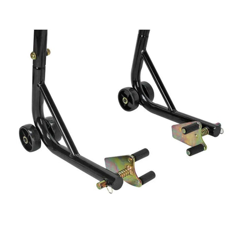 Sport Bike Front And Rear Lift Stand With Spool Style And Triple Tree Attachment, visible fork cradle support design