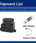 Coin D6 360 Degree TOF LiDAR Sensor with coaxial design, enclosed dustproof housing, UART module, and Dupont cable included.