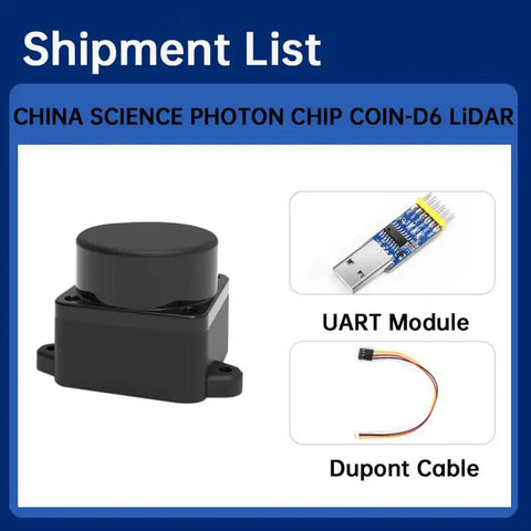 Coin D6 360 Degree TOF LiDAR Sensor with coaxial design, enclosed dustproof housing, UART module, and Dupont cable included.