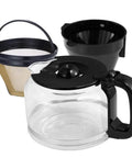 Solid Bean To Cup Coffee Machine Automatic Espresso Brewer Cranks Out 11 To 15 Cups components including glass carafe and filters.