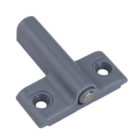 Cabinet Door Damper With Magnetic Tip For Quiet Close And Smooth Soft Close Release Catch shown in grey ABS with screw holes