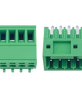 4 Pin Screw Terminal Block Connector With 2.54mm Pitch For PCB Mount, 125V 4A Rating, front and back view, green plastic housing
