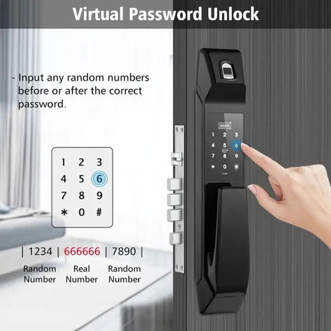 Super Secure Keyless Smart Door Lock With Touchscreen Fingerprint Entry And Electronic Password Backup Mechanical Key, close-up of keypad entry.