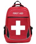 Red first aid backpack with white cross, front view showing zippered compartments and side mesh pockets.