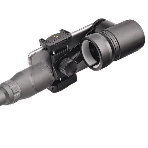 Rifle Scope Mount Smartphone Camera Adapter For Hunting And Birding, Dual Viewing Angles, Aluminum Build with Secure Nylon Ring Clamp Design.