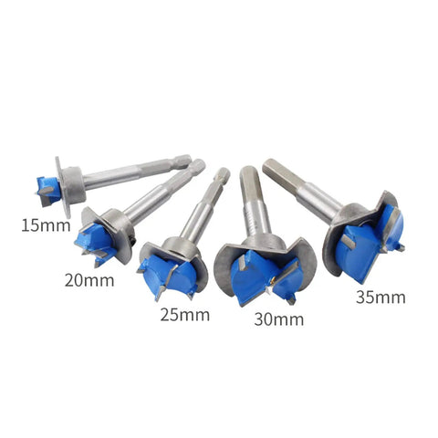 Top Rated Five Piece Forstner Bit Set Delivers Smooth As Butter Hole Boring For Dead Nuts Precise Woodworking Projects With Heavy Duty Hex Shank Fit For Cordless Drills And Bench Tools From 15 To 35 Millimeters, featuring five carbide tipped bits in various sizes.