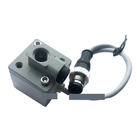 Close-up of Go-To Pneumatic Pressure Switch For Industrial Automation with gray housing and connector cable, rugged design.