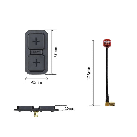 Dimensions of 5.8GHz RHCP Dual Patch Antenna For FPV Goggles With 11dBi Gain SMA Connector, showing length and width.