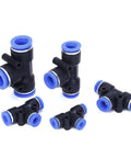 Push To Connect 3/8 Inch Tee Fitting, 3 Way T Connector, Quick Push Lock Adapter, Plastic Build With Stainless Claw, Works With PU PA PE PVC Tubing, 0 To 145 PSI, 30 To 150 F, Pack Of 10, black 3/8-inch tee fittings with blue ports