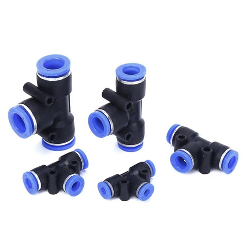 Push To Connect 3/8 Inch Tee Fitting, 3 Way T Connector, Quick Push Lock Adapter, Plastic Build With Stainless Claw, Works With PU PA PE PVC Tubing, 0 To 145 PSI, 30 To 150 F, Pack Of 10, black 3/8-inch tee fittings with blue ports