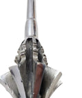 Close-up of the head of a Beefy Carbon Steel Mace Prop for Knight Costume and Stage Battle, LARP Ready, with Gothic Pattern.