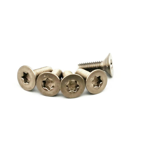 Premium Grade 2 Titanium Countersunk Screw Set Crisp Torx Drive Metric Fasteners with dark grey finish, five screws.