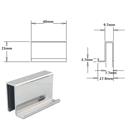 Glass Door Clip On Handles 4 Pack Stainless Steel Cabinet Pulls 1.6 Inches Long 0.75 Inches Wide, product dimensions and design