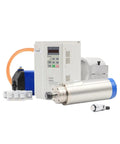 Heavy Duty ER20 CNC Router Spindle Motor With Water Cooled Design And Tough As Nails Steel Bearings For Smooth Woodwork Cutting Plus VFD Inverter Control And Rapid Coolant Pump Setup with control unit and components.