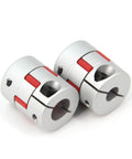 Two Pack Aluminum Plum Flexible Shaft Coupler 8mm To 12mm Bore 25mm Diameter 30mm Length Motor Connector in silver with red accents