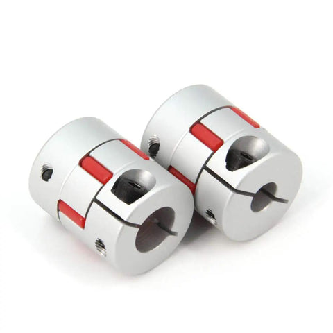 Two Pack Aluminum Plum Flexible Shaft Coupler 8mm To 12mm Bore 25mm Diameter 30mm Length Motor Connector in silver with red accents